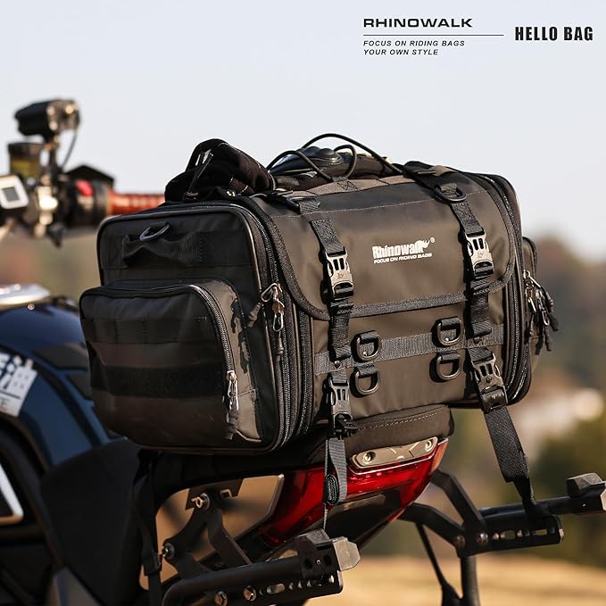 Rhinowalk Motorcycle Tail Bag Waterproof Saddle Bag 33L to 45L Expandable Durable Motorbike Helmet Bag with Rain Cover & Straps, Touring Luggage for Powersports Travel (45L, Black)
