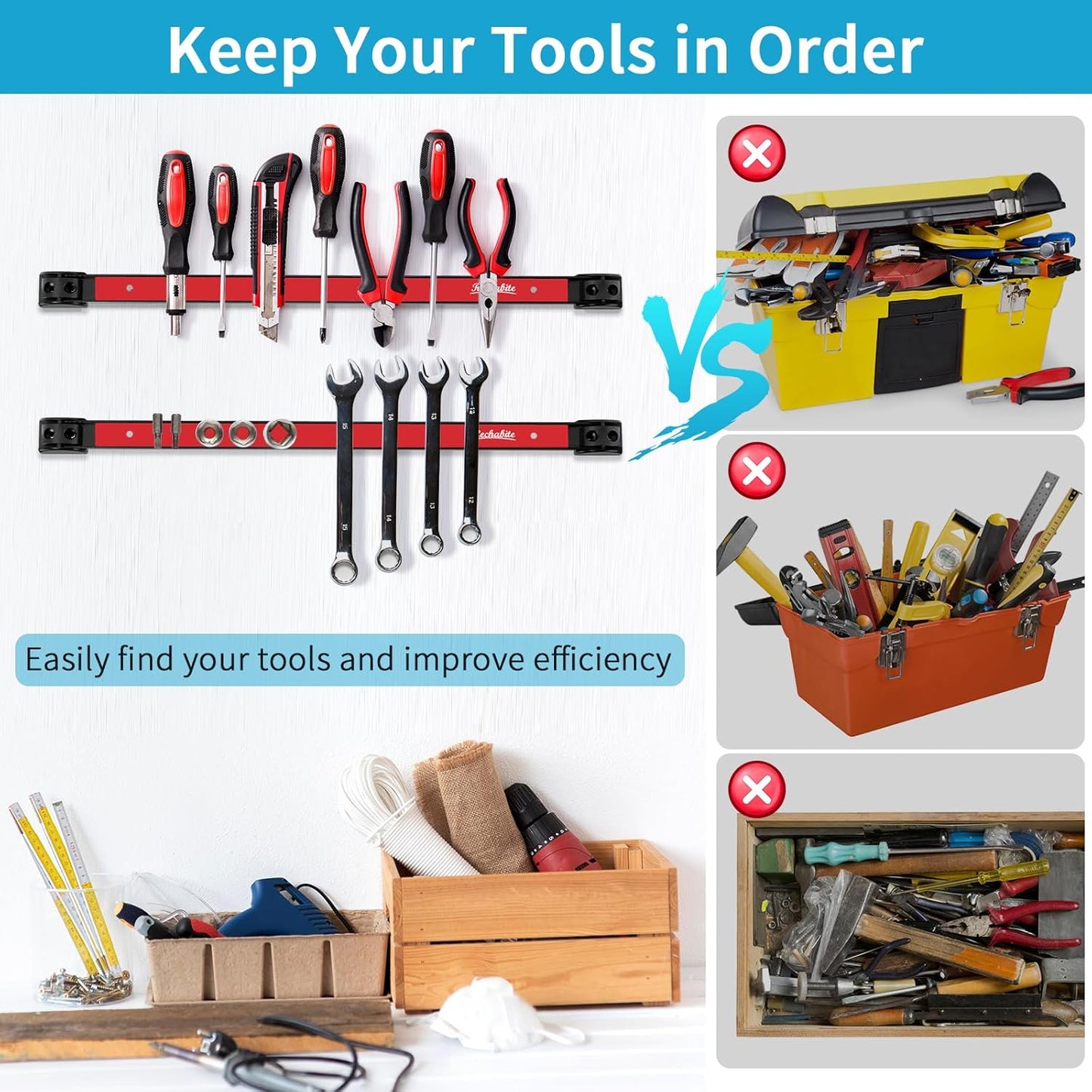 4 Pieces 24" Magnetic Tool Holder Strip, Red Magnet Bar, Metal Tool Organizer Rack for Garage Organization, Easy To Install in Workshop, Mounting Screws Included