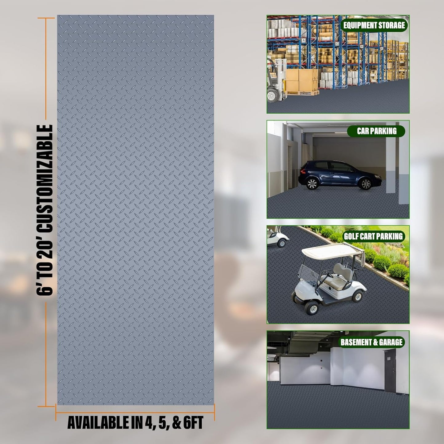 SEAL 4 x 6 Ft Premium Garage Floor Mat, Solid 2.8mm Thick Gray Commercial Grade Heavy Duty Parking Mat for Garage Floor, Golf Cart Parking, Water/Stain Resistant Floor Runner (Embossed Diamond Plate)