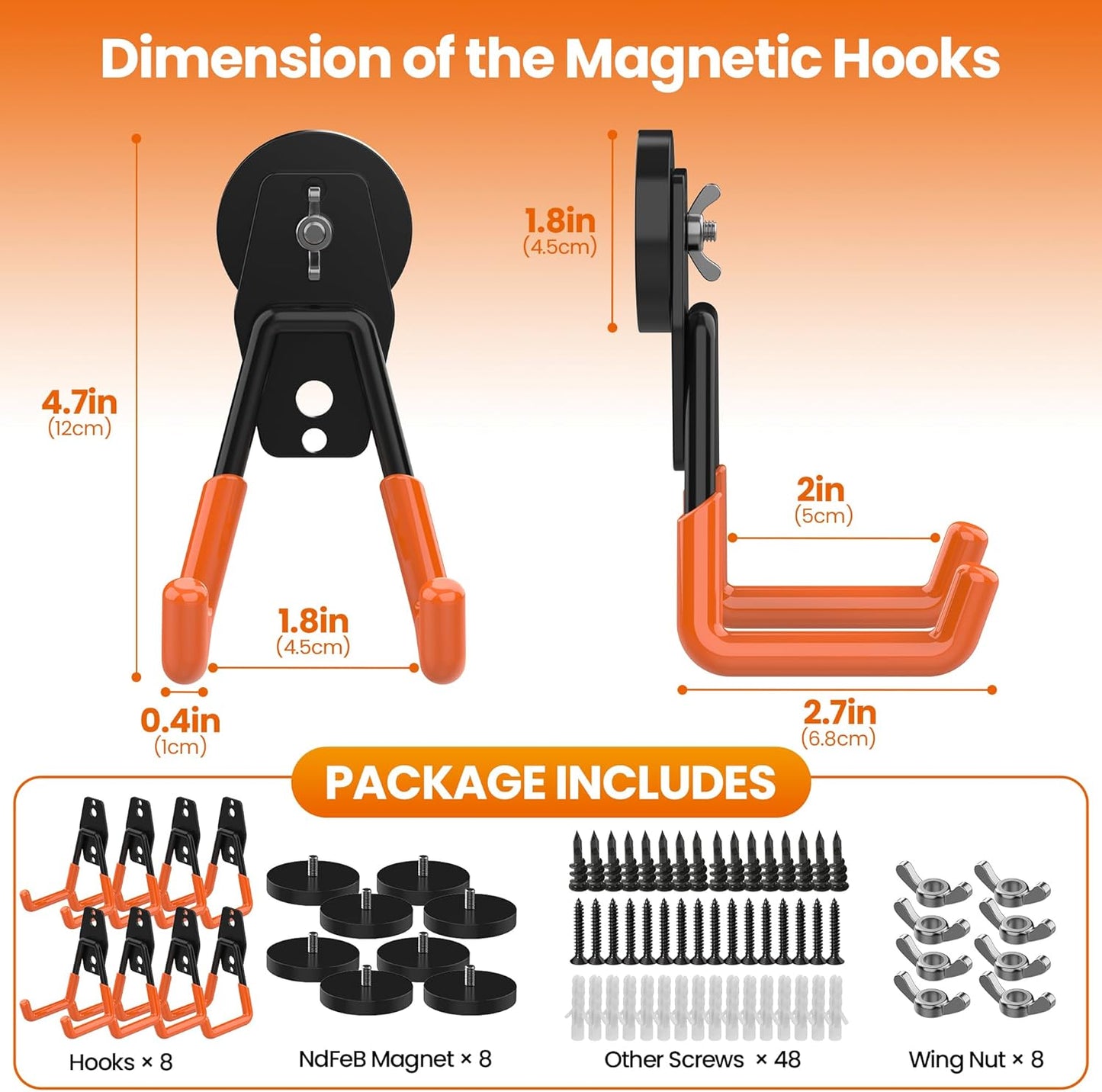 8 Pack Large Heavy Duty Magnetic Hook Extra Strong Magnetic Garage Hooks Big NdFeB Industrial Magnet Hooks Magnetic Utility Storage Holder Organization with Anti-Slip Coating for Hanging Garden Tool