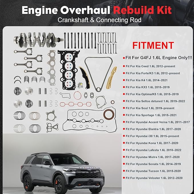 G4FJ 1.6 Engine Overhaul Rebuild Kit w/Crankshaft Head Gasket Set Connecting Rod Piston Kit Timing Chain Kit Fit For Hyundai Sonata Veloster Tucson Kia Soul Forte Optima 1.6L 2011-2022 23110-2b710
