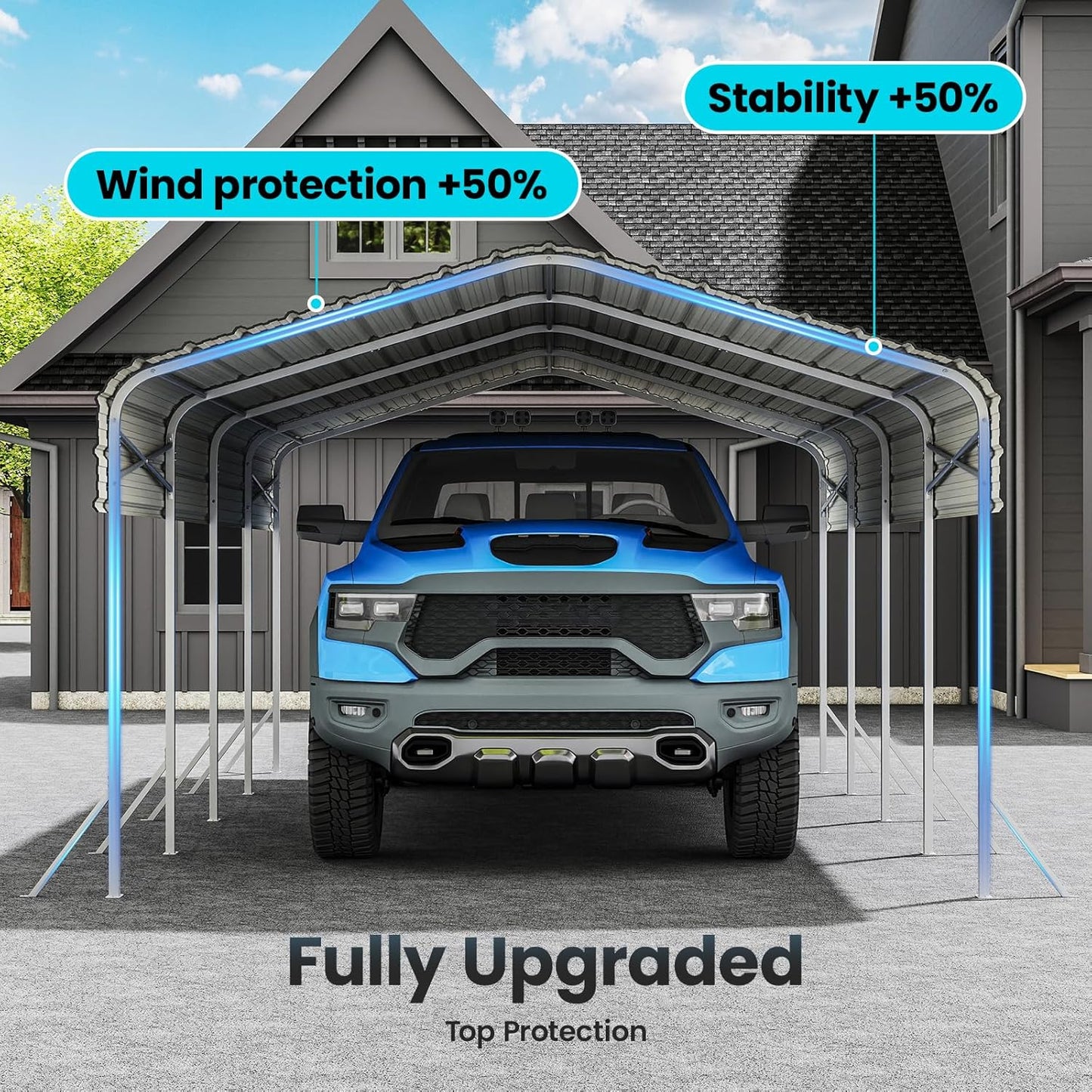 12x20ft Heavy Duty Metal Carport – Outdoor Galvanized Garage, Sturdy Structure, All-Weather Protection, Easy Assembly for Cars, Trucks, Boats, Tractors, and Outdoor Storage (White, 12x20FT)
