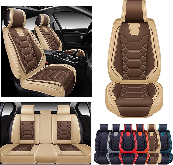 OASIS AUTO Car Seat Covers Full Set, Waterproof Faux Leather Seat Covers for Cars Universal Fit for SUV, Truck, Sedan, Black Premium Car Seat Protector with Front & Back Cushions (OS-004 Coffee)