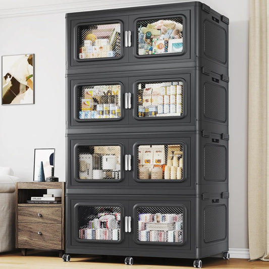 880 Qt Stackable Storage Bin with Lid, 220Gal Extra Large Collapsible Storage Boxes, Folding Plastic Drawer, Heavy-Duty Store Cabinet, Closet Organizer for Home Kitchen, 4 Pack Black