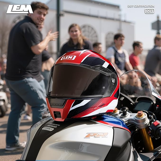 LEM Modular Motorcycle Helmets Fiberglass, Full Face Motorcycle Helmet Flip Up for Touring, DOT Certified, Release Sun Visor & Removable Comfort Liner, Lightweight Street Bike Helmet (Red/White,M)
