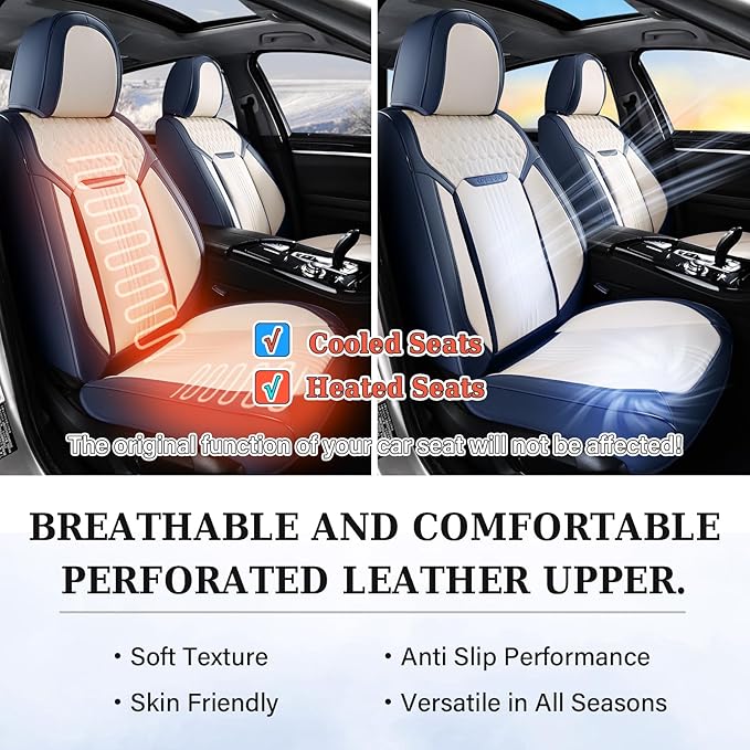 Coverado Seat Covers Full Set, Car Seat Covers Waterproof, Luxury Leather Seat Cover for Cars, Front Seats and Back Seat Cover, Car Seat Cushion, Car Seat Protector Universal Fit Most Cars,Blue&White