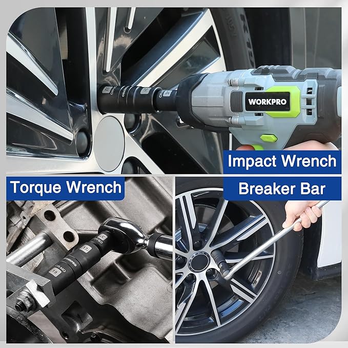 WORKPRO 4PCS Impact Socket Set 1/2" Drive, Lug Nut Socket Set, Wheel Socket Set Cr-Mo Steel, Includes 1PC 3" Extension Bar & 3PSC Flip Sockets of 6 Metric and SAE Sizes