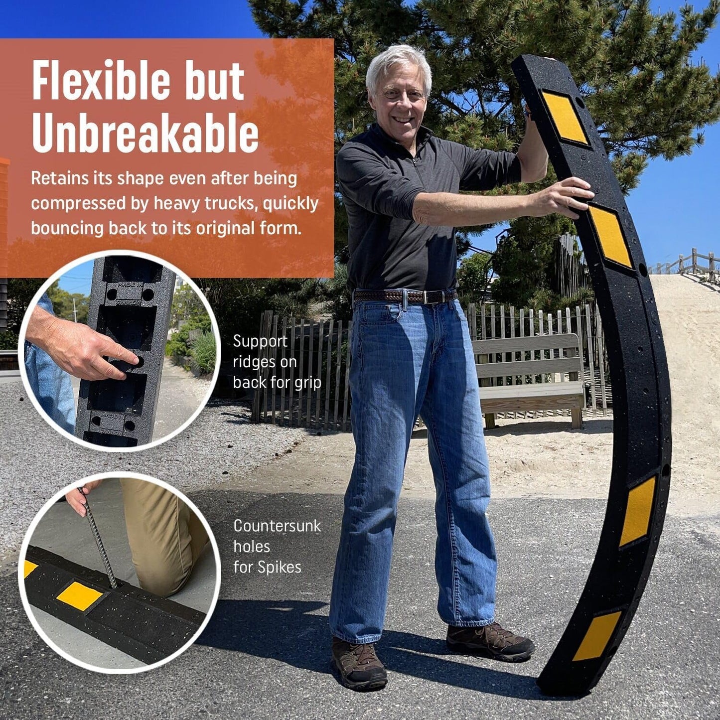 SmartSign Rubber Parking Curb, (Pack of 10) Heavy Duty Parking Stops with Yellow Reflective Stripe Chevrons, 72" Long (6ft), Wheel Stops for Parking Lots/Garage/Cars/Trucks, Pre-Drilled Holes