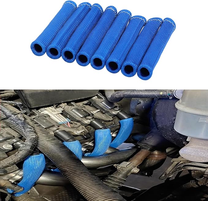 8Pcs 2500° Degree Spark Plug Wire Boots Heat Shield Protector Sleeve Cover Compatible with SBC BBC 350 454,6 Inch, Blue