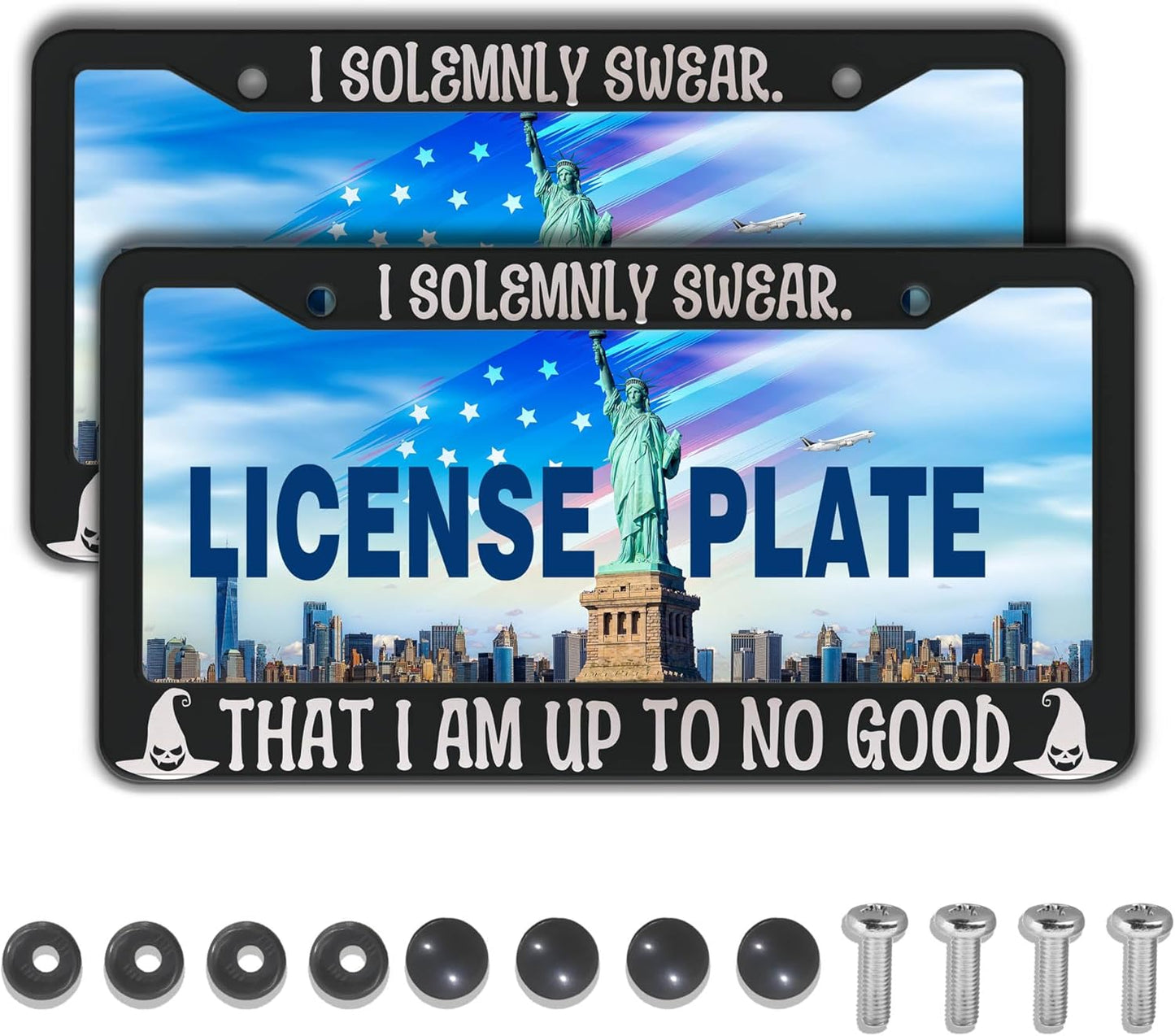 License Plate Holder Black and White License Plate Frames I Solemnly Swear That I Am Up to No Good Universal Aluminum Car Accessory 2 Pack with Screw Covers Set
