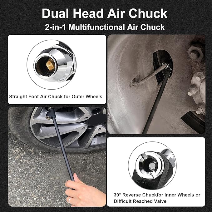GODESON Air Chuck,12" Extended Reach Air Chucks for Tires，Heavy Duty Dual Head Air Chuck for Semi Tire Inflation,1/4" FNPT Straight Air Chuck for Truck RV Semi Dually Tires