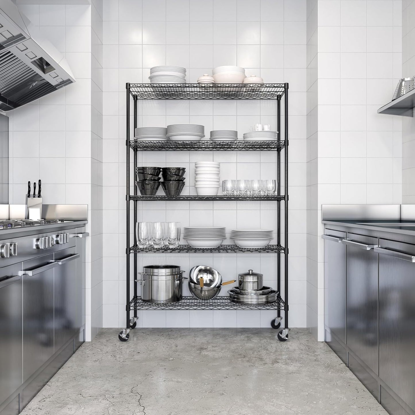 Seville Classics UltraDurable Heavy Duty NSF Solid Steel Wire Rack Storage Unit, Organizer for Garage, Warehouse, Office, Restaurant, Classroom, Kitchen, Black, 5-Tier Shelving, 48" W x 18" D