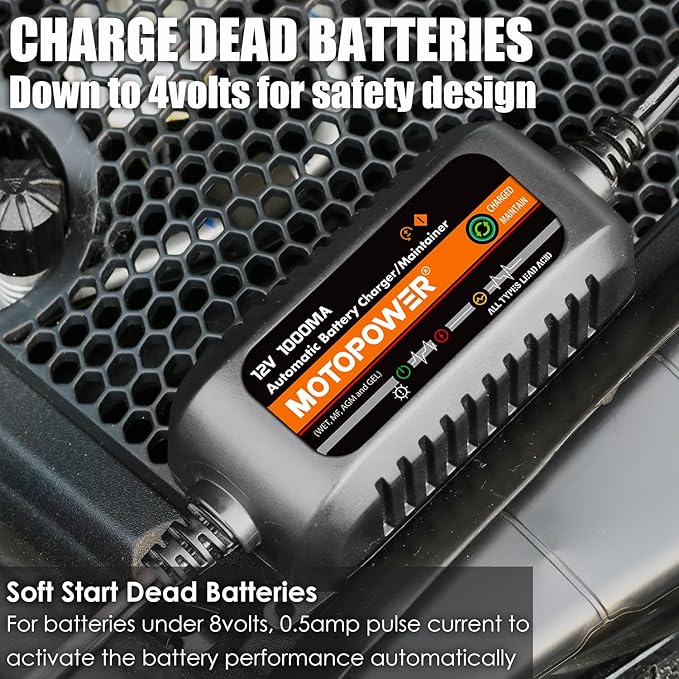 MOTOPOWER MP00205B 12V 1000mA Automatic Battery Charger, Battery Maintainer, Trickle Charger, and Battery Desulfator with Timer Protection - Black Edition