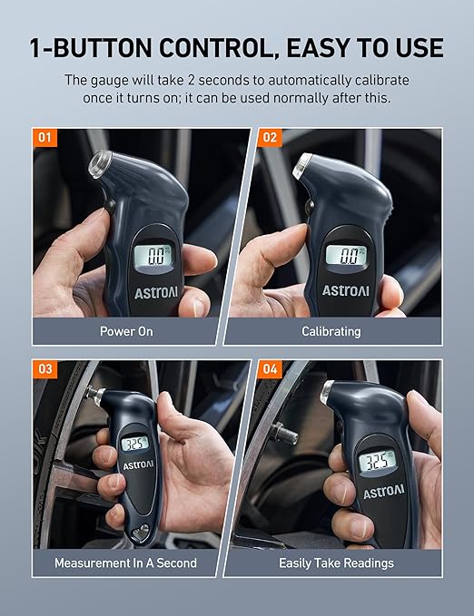 AstroAI Digital Tire Pressure Gauge 0-150PSI, Accurate in 0.1 Increments, Tire Gauge with Backlit LCD and Presta Valve Adaptor, 4 Units of Measurement for Car Truck Bicycle, Gray