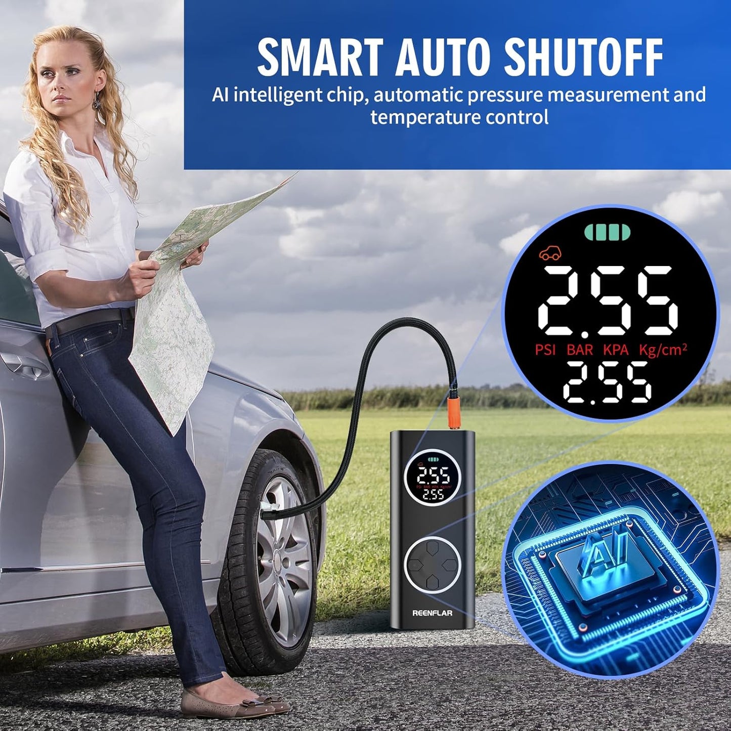 Cordless Tire Inflator with Dual Nozzle & Digital Gauge, 150PSI Portable Air Compressor for Car SUV Motorcycle Bike Tires, USB-C Rechargeable, Auto Shut Off, LED Light, 20000mAh 12V DC Power