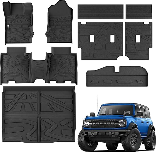 KARPAL Floor Mats for Ford Bronco 4 Door 2021-2025 (Not for Sport), All Weather Protection TPE Floor Liners Cargo Mats Full Set Bronco Accessories, 1st&2nd Row & Cargo Liner & Backrest Mat