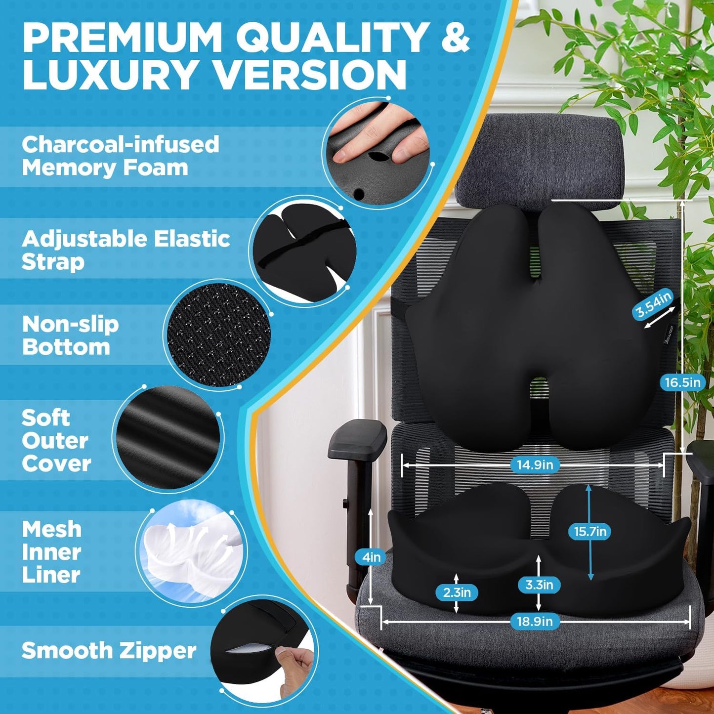 BEAUTRIP Seat Cushion & Lumbar Support Pillow for Office Chair, Car & Wheelchair - Ergonomic Coccyx Cushion for Tailbone, Sciatica & Back Pain Relief - Extra-Dense Charcoal Memory Foam Chair Cushions