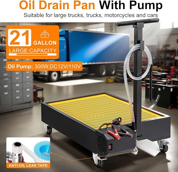 Oil Drain Pan, 21 Gallons Low Profile Oil Change Pan, Large Capacity Rolling Oil Drain Cart, Adjustable Hand, with Pump, Hose, Swivel Casters Wheels, Heavy-Duty for Trucks, RVs, SUVs