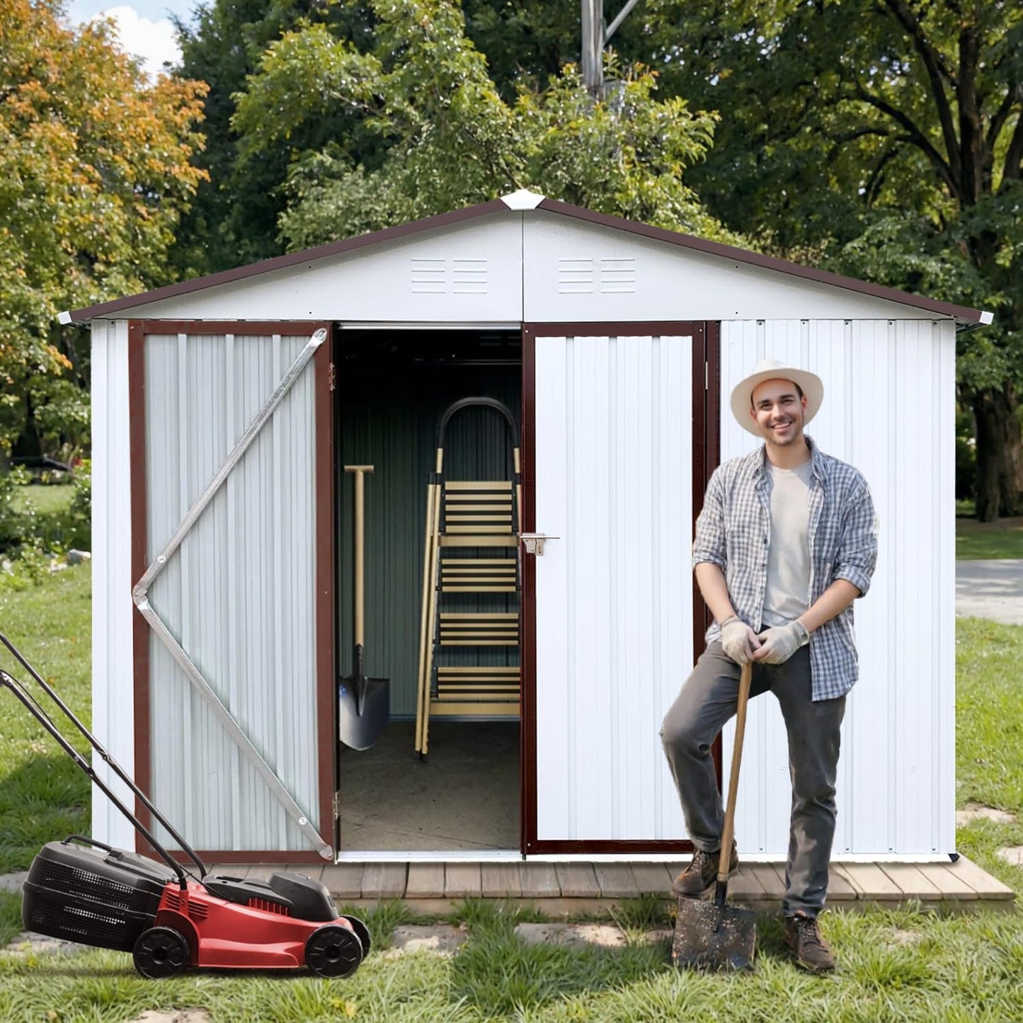 8' x 6' Outdoor Storage Shed, Sturdy Metal Building w/Lockable Doors for Garden, Backyard, Poolside and Lawn, Brown+White