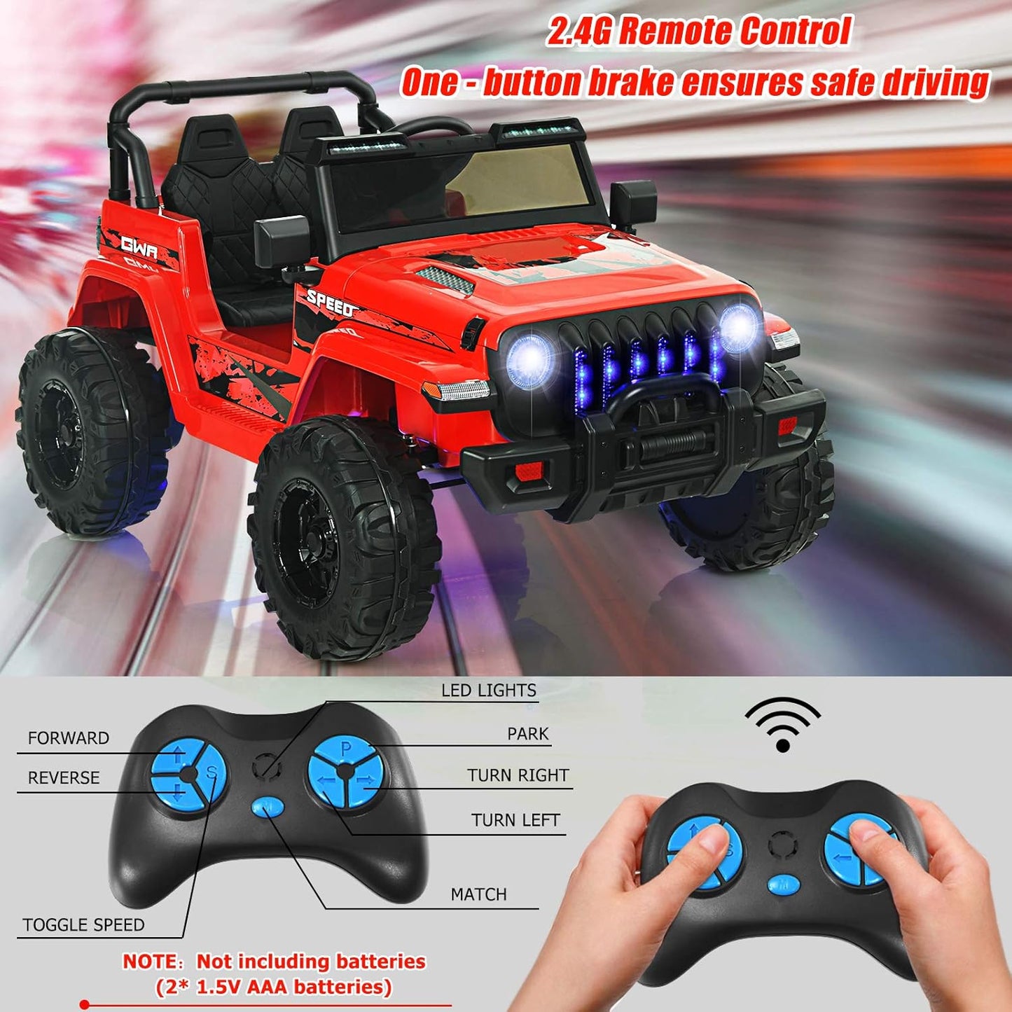 INFANS Kids Ride on Car Truck with 2.4G Remote Control, 12V Battery Powered Electric Cars for Kids w/3 Speeds, Battery Display, LED Lights, Safety Belt, Music & Horn, Bluetooth/FM/USB (Red)