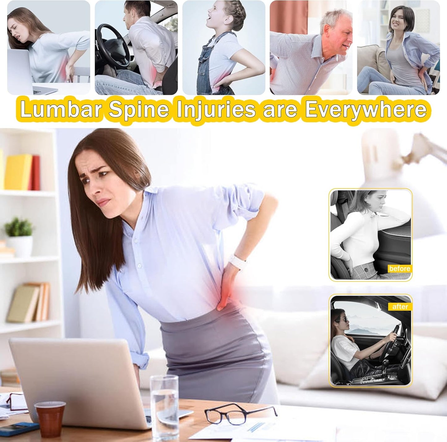 Super Soft Lumbar Support Pillow for Car, 100% Memory Foam Lumbar Pillow with Breathable Removable Cover, Ergonomic Design - Back Pillow Lumbar Support Pillow for Car Seat/Back Pain Relief(Black,1PC)