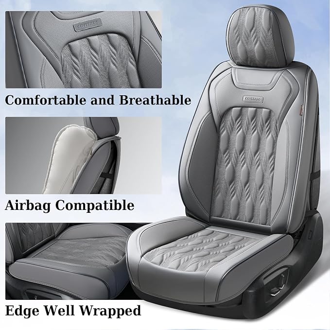 Coverado Car Seat Cover Full Set, Waterproof Front and Back Seat Covers for Cars, 5-Pack Leather Seat Covers, Car Seat Protectors, Driver Seat Cushions Fit for Most Vehicles Gray