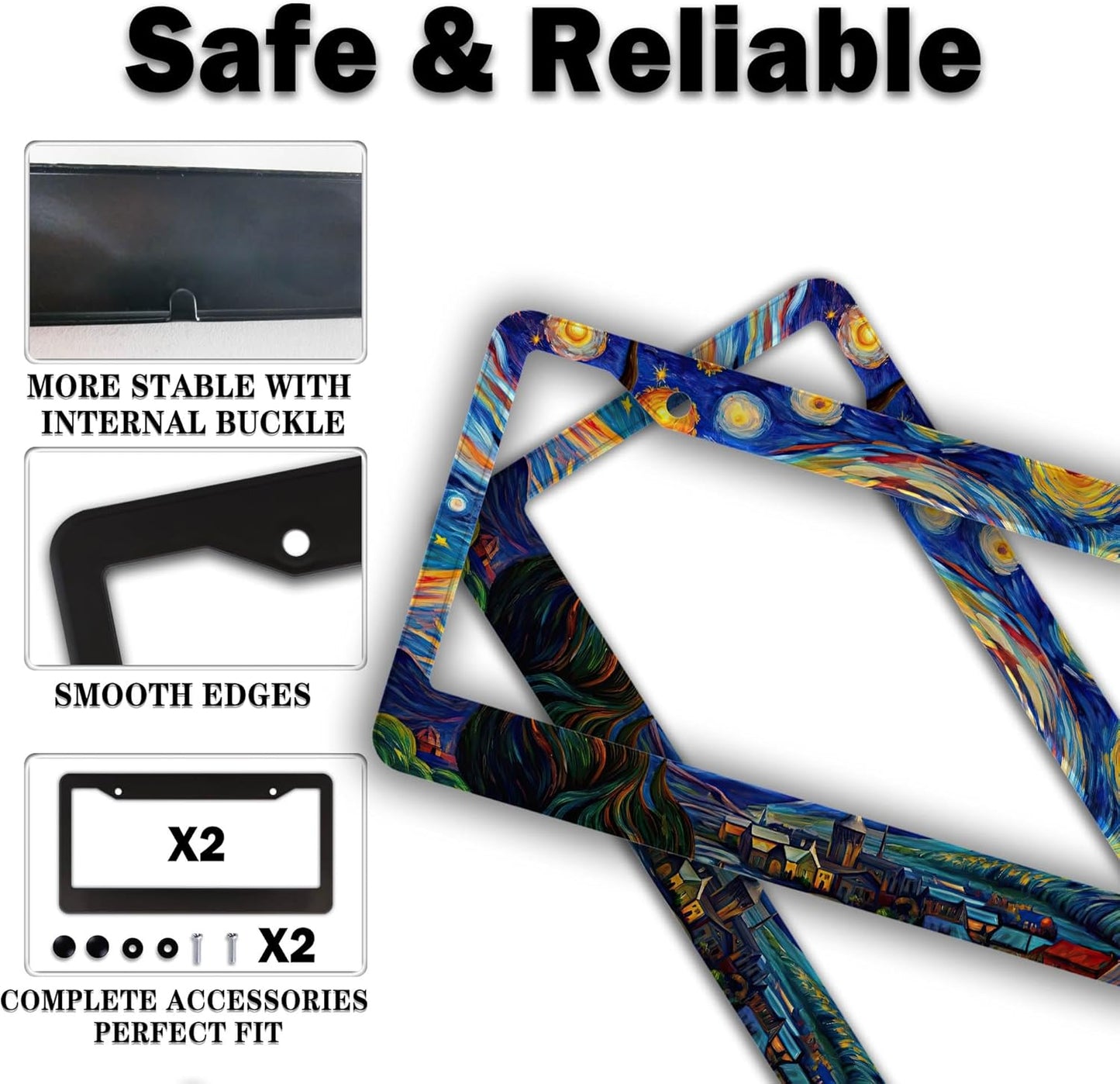 License Plate Frame Multicolor License Plate Holder The Starry Night Universal Aluminum Car Accessory 2 Pack with Screw Covers Set