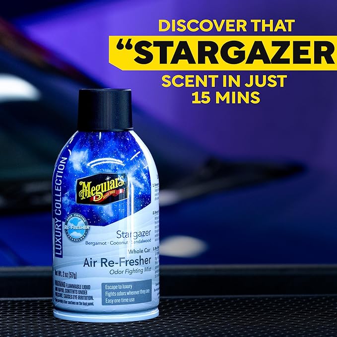 Meguiar's Car Air Refresher Odor Fighting Mist – Stargazer, Long-Lasting Car Freshener Fights Strong & Unwanted Vehicle Smells Renewing Interiors with a Luxurious & Refreshing Scent, 2 oz Aerosol