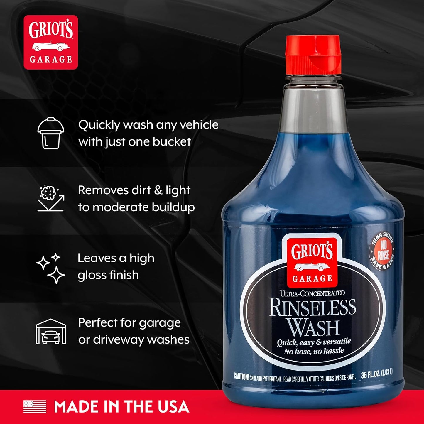Griot's Garage Rinseless Wash for Car Cleaning and Detailing, No-Rinse Vehicle Washing, Dilutes Into Detailer, Clay Bar Lubricant, 10479, 35oz