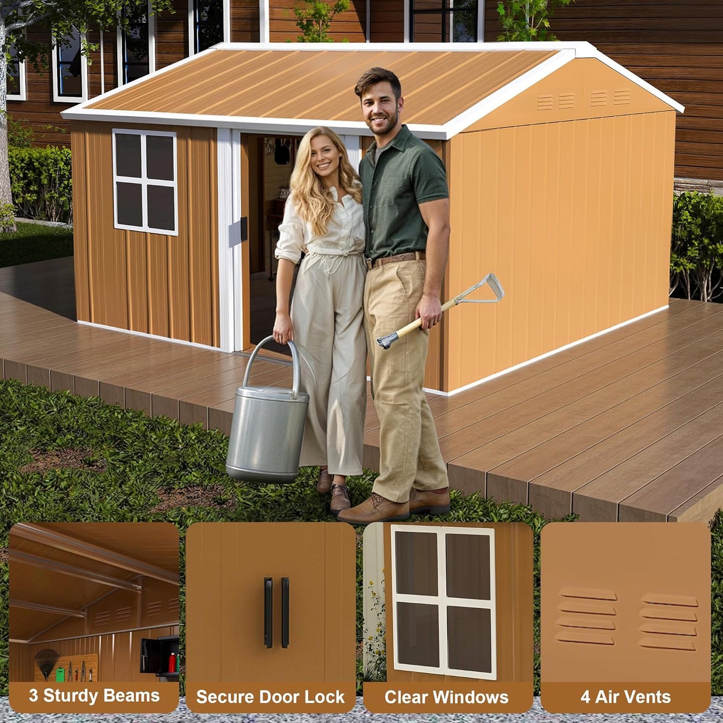 12 x 10 FT Outdoor Storage Shed, Metal Garden Tool Shed with Slooping Roof, Lockable Doors and Windows, All-Weather Weatherproof Blike shed for Garden, Patio, Lawn, Yellow