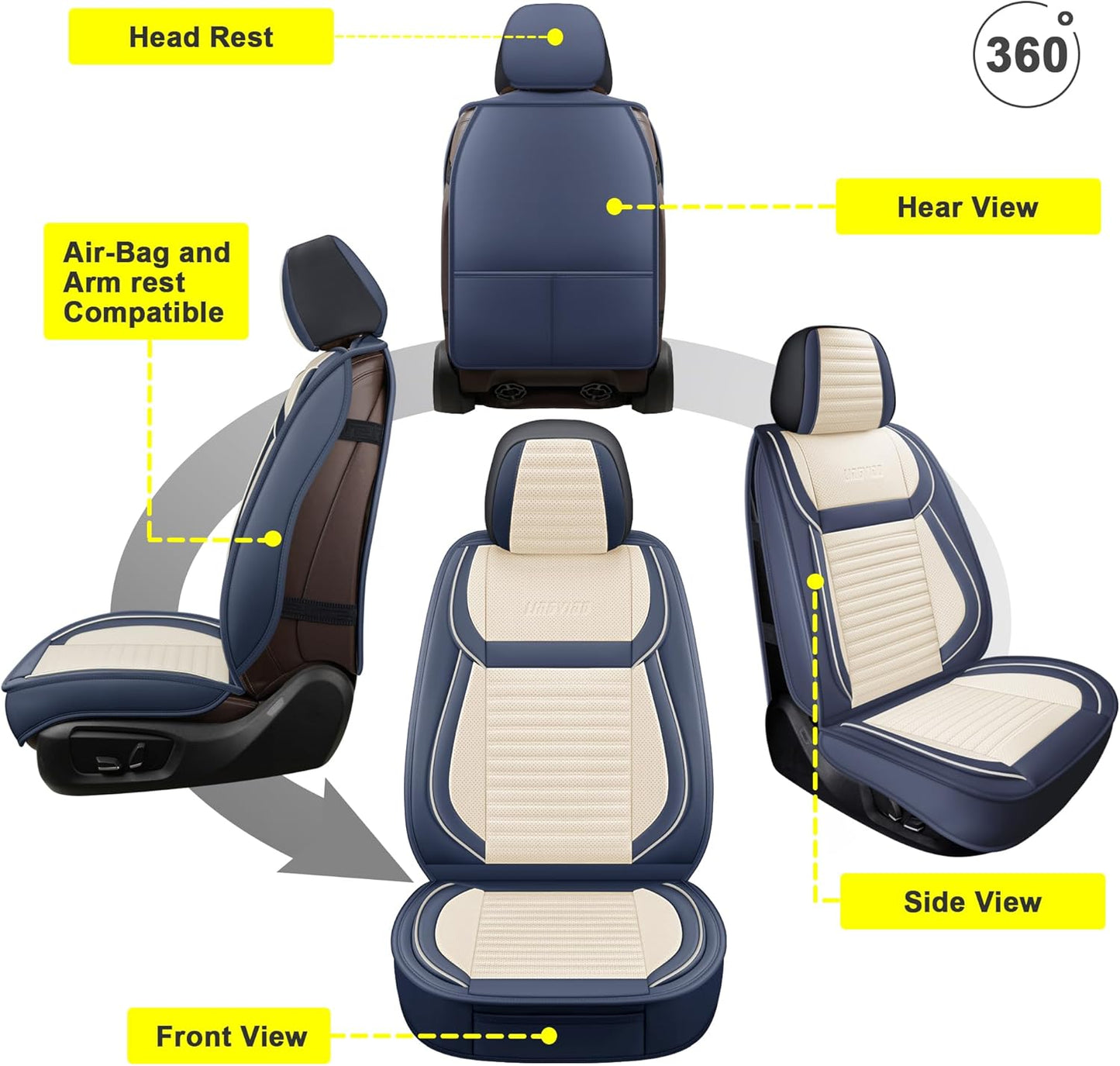 LINGVIDO Car Seat Covers, Breathable and Waterproof Faux Leather Automotive Seat Covers for Cars SUV Truck Sedan,Universal Anti-Slip Seat Cover with Backrest (Full Set, White & Blue)