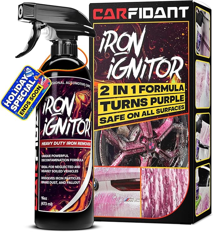 Carfidant Iron Ignitor - Iron Remover & Wheel Cleaner - Color-Changing Purple Decon Spray for Brake Dust, Rust, Fallout - Safe on Paint, Rims & Metal - Car Detailing - pH Neutral - 16oz