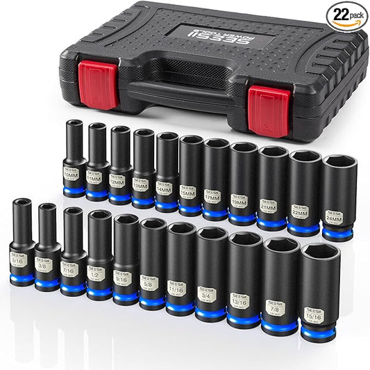 1/2" Drive Deep Impact Socket Set, SAE & Metric Sockets (5/16"-15/16" & 10-24mm), Professional CR-MO Steel, 6-Point for Impact Wrench, Automotive & Truck Repair Tool Kit