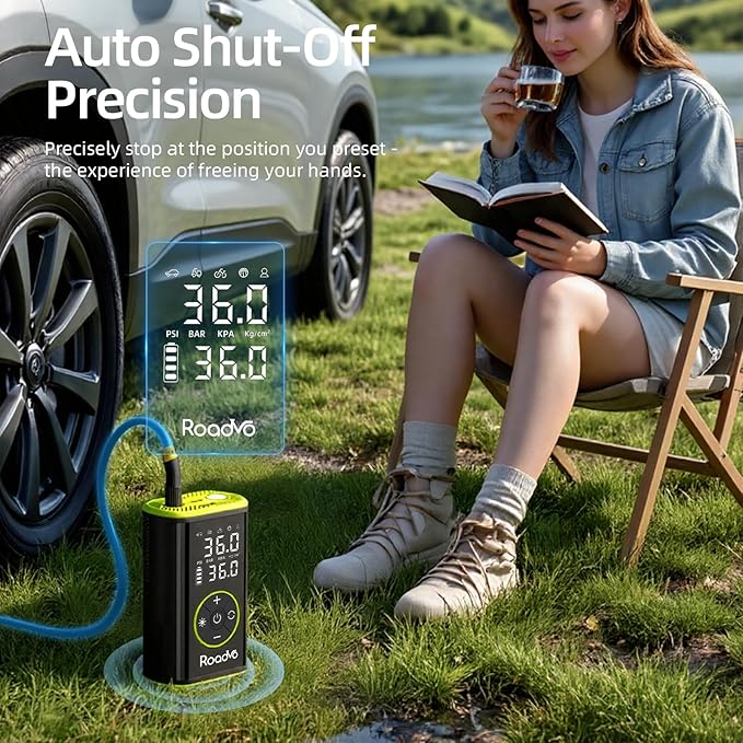 Roadvo Tire Inflator Portable Air Compressor – 150 PSI Cordless Bicycle Pump with Pressure Gauge, Digital Air Pump with 10000mAh Battery for Car, Road Bike, Electric Bike, MTB, Motorcycle, Balls