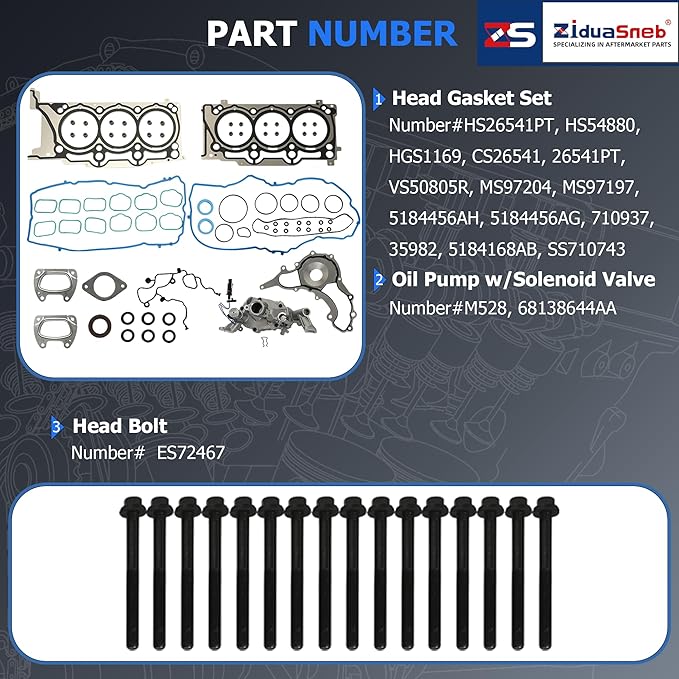 3.6 Head Gasket Set Timing Chain Kit Water Pump Oil Pump w/Head Bolts Fit For Chrysler 200 300 Town&Country Dodge Jeep Ram ProMaster 1500 3.6L V6 DOHC 2011-2016 HS26541PT 90511SX 90511S ES72467