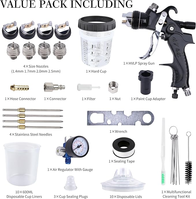 HVLP Spray Gun with 10Pcs 600ML Disposable Paint Cups, 4 Nozzles,1.4/1.7/2.0/2.5mm, Automotive Gravity Feed Paint Spray Gun Kit with Air Compressor Regulator for Auto (Black)