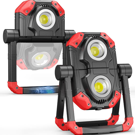 Adelante 2Pack Rechargeable LED Work Light with Magnetic Bases, 2500LM 6500K 12 Hours Long Lasting, Mobile Charger, 360°Rotating Stand Waterproof USB Portable Flood Light for Mechanics, Repairing