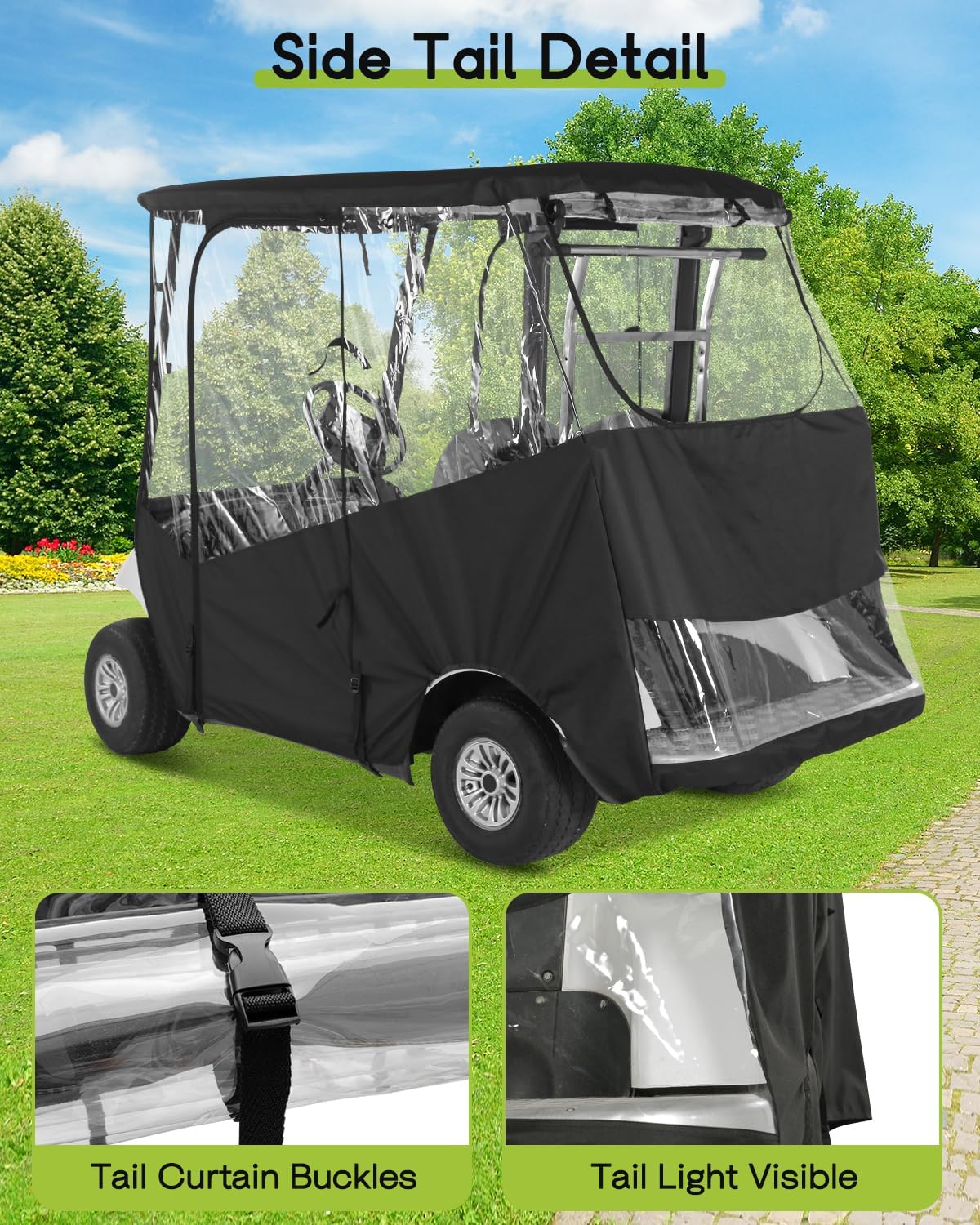 Golf Cart Enclosure 2 Passenger for Yamaha G29 Drive 2 Enclosure Waterproof Windproof Driving Rain Cover Fit 2-Seater Short Roof with 4-Sided Clear Windows Mirror Openings Roll-up Zipper Door Black