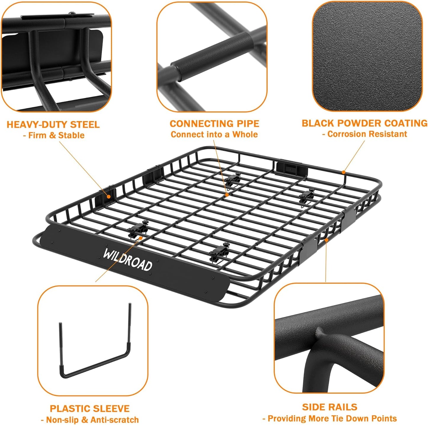 Wildroad Roof Rack Cargo Basket, Upgraded 4” Fence Wide Car Roof Basket Combo, 64"x 50"x 4" Universal Roof Cargo Carrier Basket with Cargo Bag, Cargo Net and Ratchet Straps Fits for SUV Truck Cars