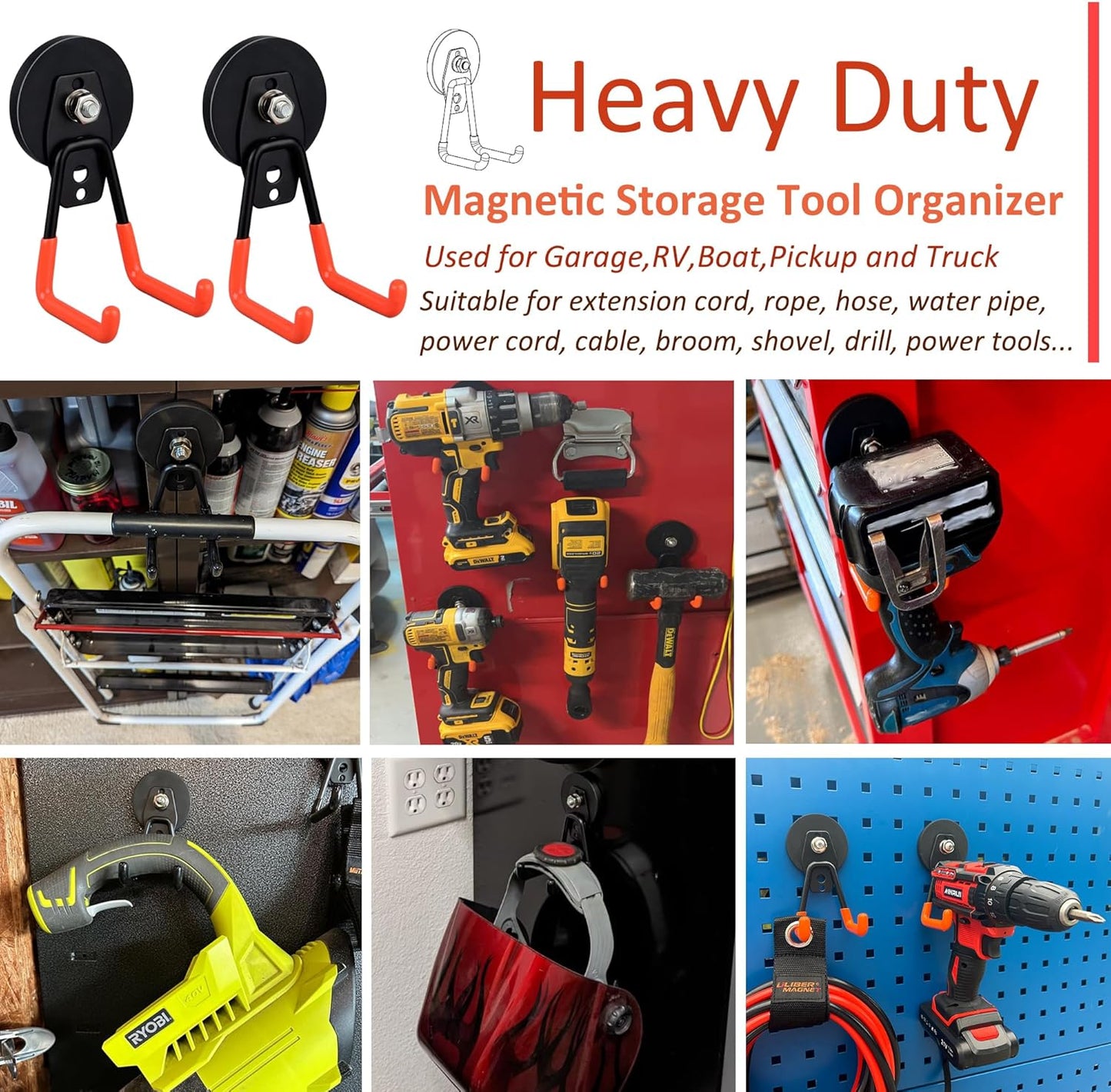 ULIBERMAGNET Heavy Duty Magnetic Garage Hooks,6 Pack Strong Large Magnet Hooks for Power Drill,Garden Tools,Hose,Pegboard,Garage, Workshop,Magnetic Storage Hook for Indoor Outdoor Hanging(Orange)