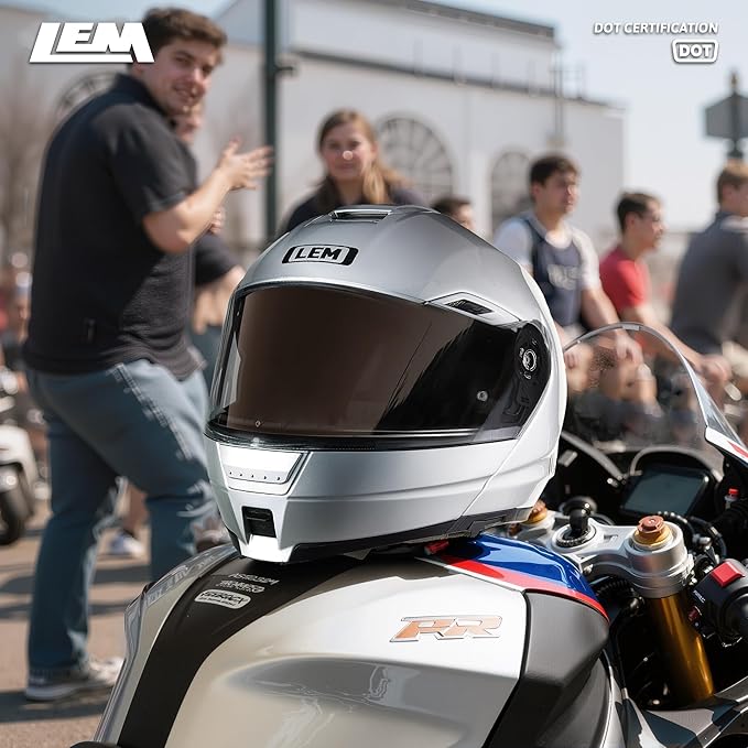 LEM Modular Motorcycle Helmets Fiberglass, Full Face Motorcycle Helmet Flip Up for Touring, DOT Certified, Release Sun Visor & Removable Comfort Liner, Lightweight Street Bike Helmet (Silver, L)