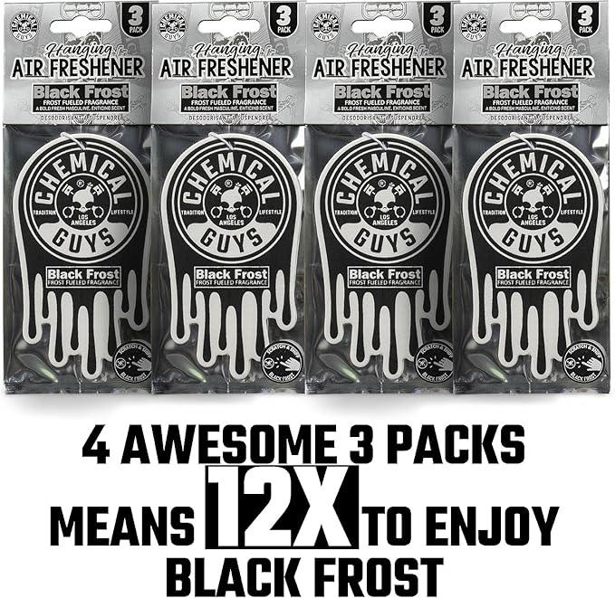 Chemical Guys Hanging Air Freshener, Black Frost Scent 12 Pack, Great for Cars, Trucks, SUVs, RVs, Home, Garage, Workspace, Dorm Room & More (4 x 3 Packs) - AIR40504