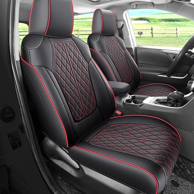 Rav4 Seat Covers Custom Fit for Toyota Rav4 Full Set Faux Leather Car Seat Covers Waterproof Full Coverage(Black Redline, Hybrid Model 2019-2025 LE/XLE/Premium/Limited)