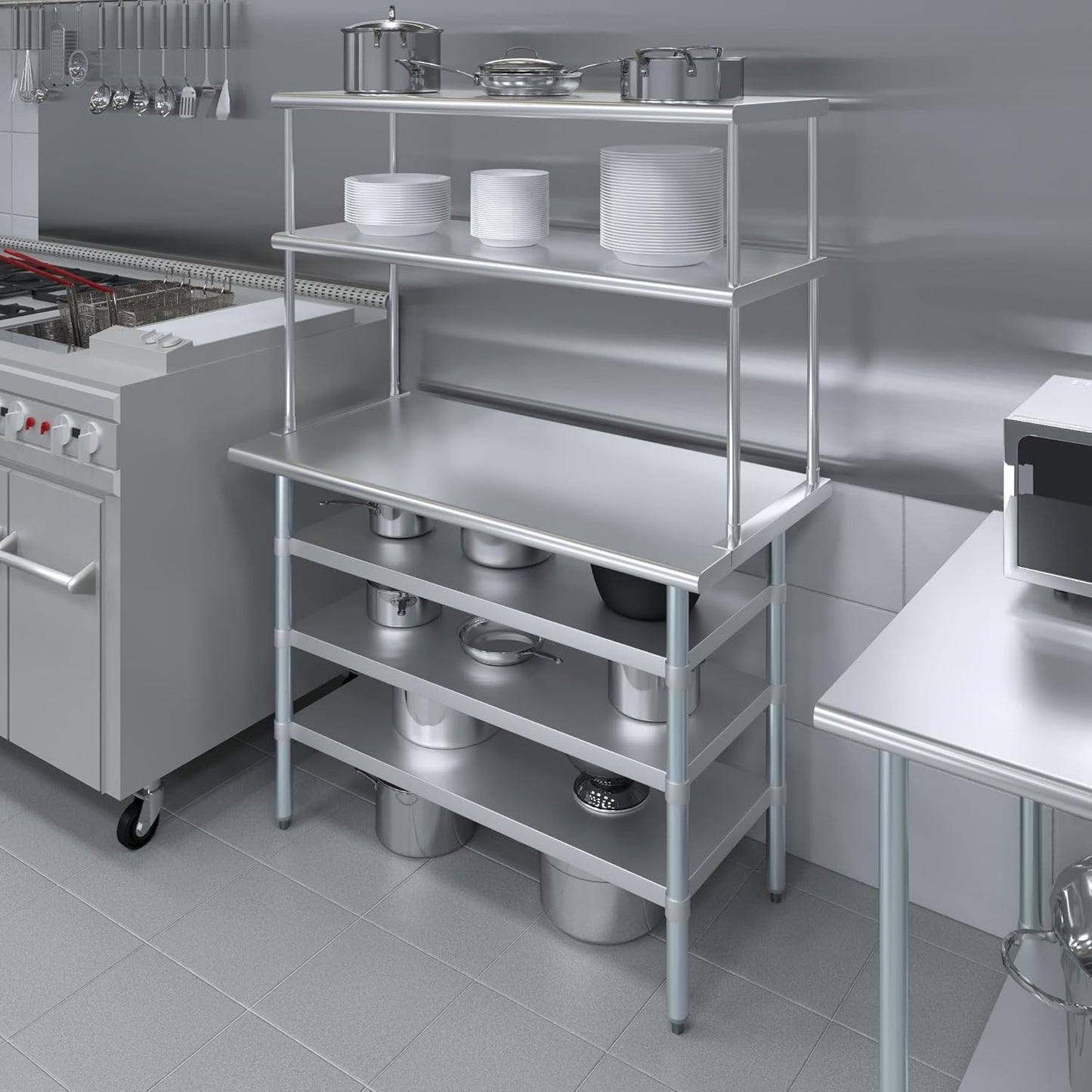 Amgood 24" x 48 Stainless Steel Work Table with 3 Shelves and 18" Wide Double Tier Overshelf | Metal Kitchen Prep Table & Shelving Combo | NSF
