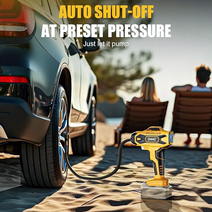 160PSI Cordless Tire Inflator Compatiblew with Dewalt 20V Battery, Portable Air Compressor for Auto, Motorcycles, Bikes, Car Air Pump with Auto Shut-Off, LCD Display, LED Light, 4 Nozzles