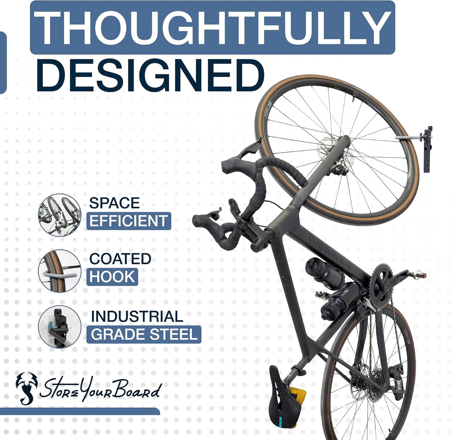 WheelRest Bike Hook, No-Lift Garage Wall Mount, Vertical Bicycle Storage Rack, Adjustable Bike Hanger for MTB, Road, eBike, 4 Pack