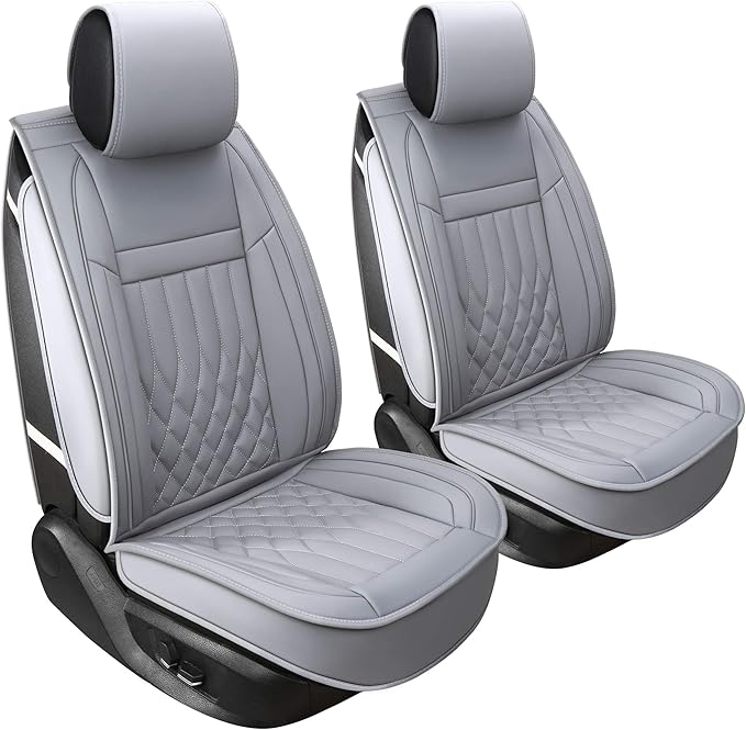 Aierxuan 2pcs Car Seat Covers Front Set with Waterproof Leather, Airbag Compatible Automotive Vehicle Cushion Cover Universal Fit for Most Cars (Grey)