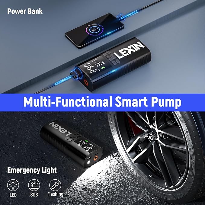 LEXIN P4 Tire Inflator Portable Air Compressor, 150PSI Electric Air Pump for Car Tires, w/Pressure Gauge&LED Light, 4000mAh Cordless Smart Pump for Car/Motorcycle/Bike/Bicycle/Scooter/Ball/Inflatable