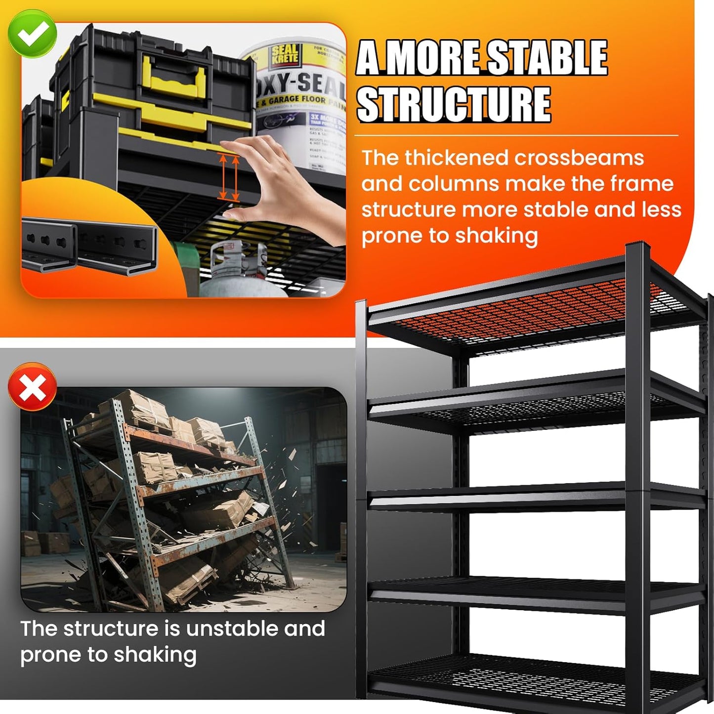 Large Garage Shelving, 5-Tier Garage Storage Shelves 3000LBS Heavy Duty Shelving Unit, Adjustable Steel Metal Shelving, Wire Shelves for Garag, Utility Rack Shelf for Basement, 72”H×59”W×19.7”D