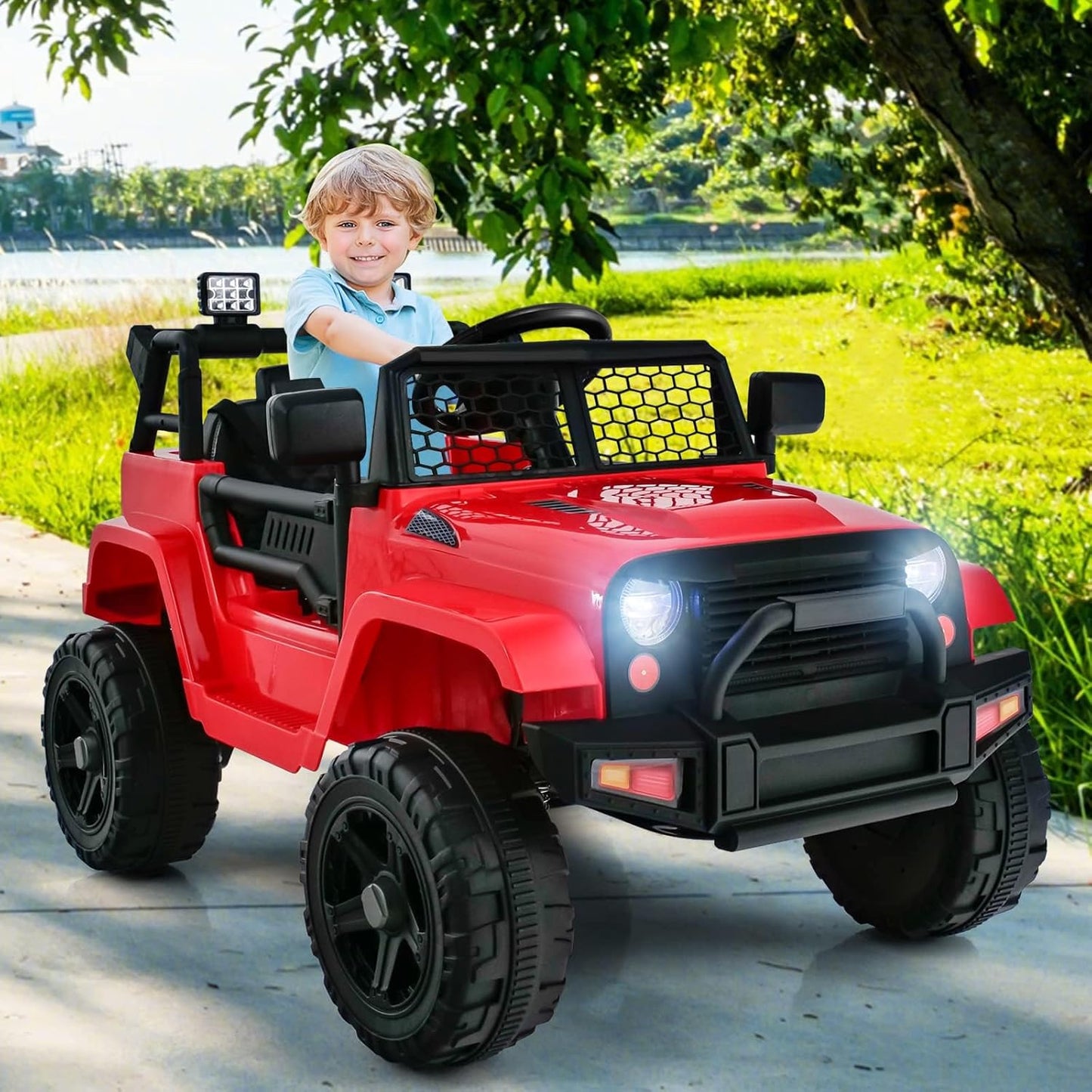 OLAKIDS Kids Ride On Truck, 12V Electric Vehicle Jeep Car with Remote Control, Toddlers Battery Powered Toy with 2 Speeds, Spring Suspension, Double Open Doors, LED Lights, Music, TF,USB, Mp3 (Garnet)